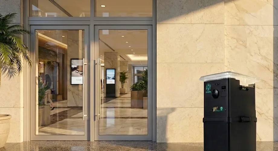 a brt biofuture rodent trap placed outside a building