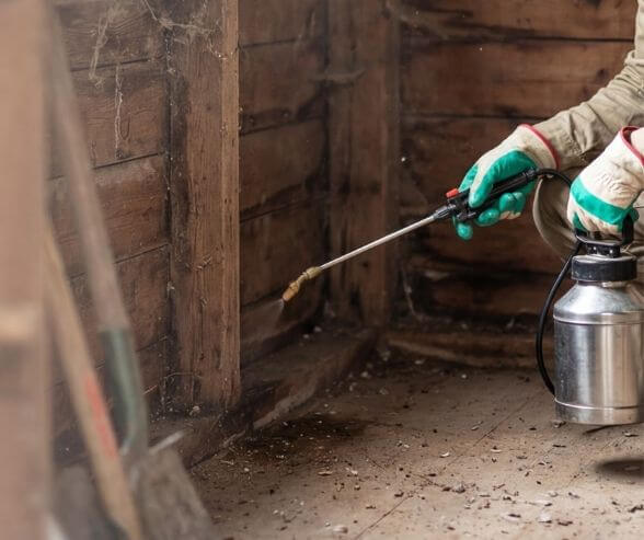 Professional termite treatment being applied to wooden wall.
