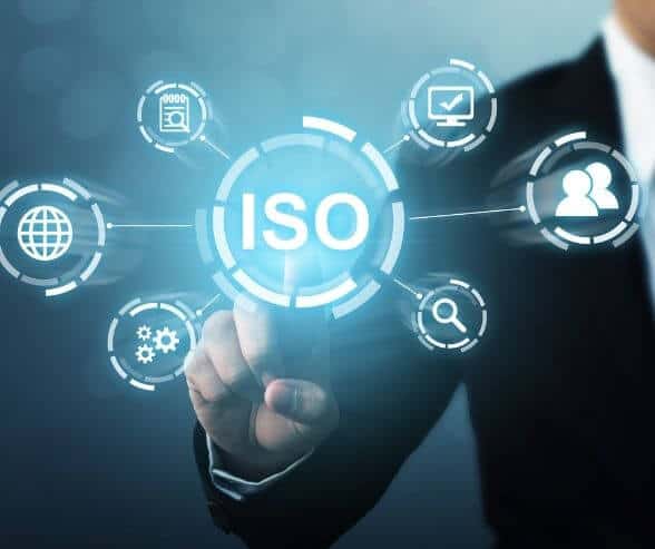 ISO certification process with digital icons representing quality standards and management.