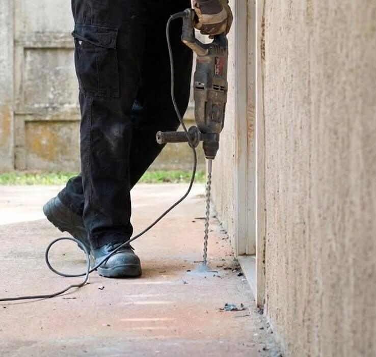 a technician drilling the floor for anti termite treatment