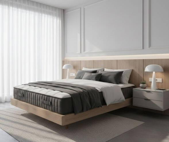 Elegant bedroom with contemporary decor, soft lighting, and cozy bedding.