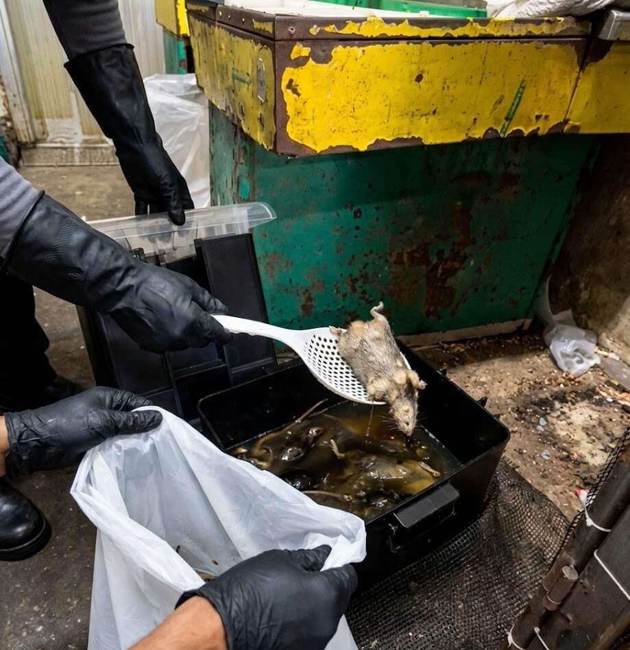 technicians collecting rodents trapped in the brt biofuture rodent trap